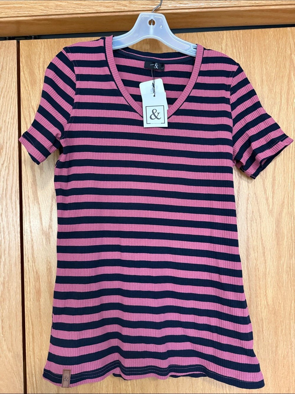 AMPERSAND AVE Pink and Navy Striped Ribbed V-Neck Tee